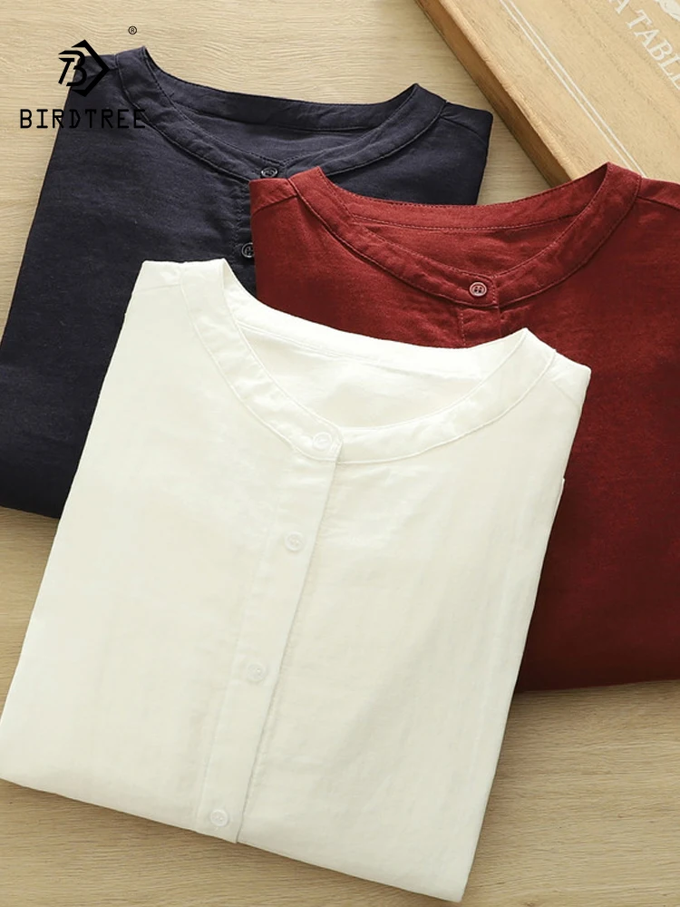 

New 2026 Spring Cotton Yarn Long Sleeve Shirt, Women Stand Buttons Patchwok, Mori Girl Commute Breathable Loose Blouse T61582CC