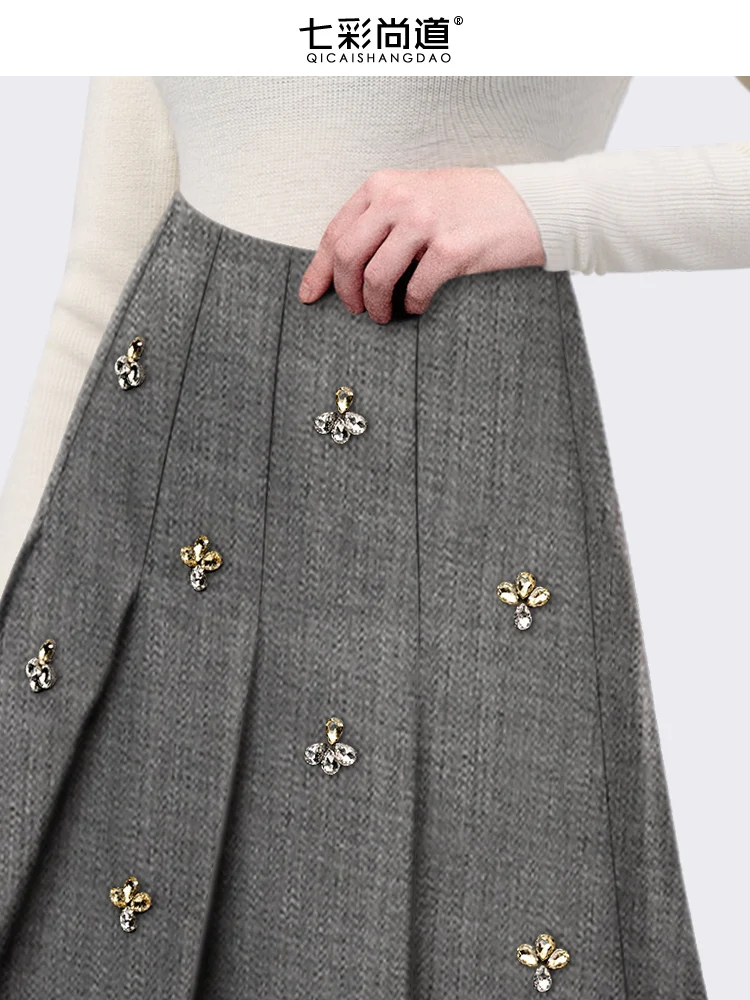 Fashion Grey Diamond-encrusted Skirt Women HIgh Waist A-line Pleated Mid-length Skirts Spring Summer New Cute All-match JK Skirt