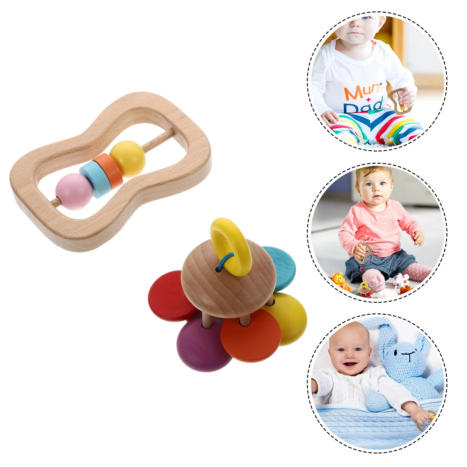 Sonajero de mano de madera para bebé, Color brillante, diseño creativo, juguete educativo para edades tempranas, desarrollo sensorial del Motor, música infantil, 2 uds.
