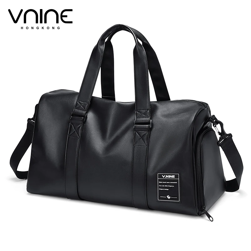 V.NINE Mens Leather Travel Bag Black Traveling Shoulder Bags for Man Luggage Duffle Handbag with Shoe Compartment Waterproof 25l