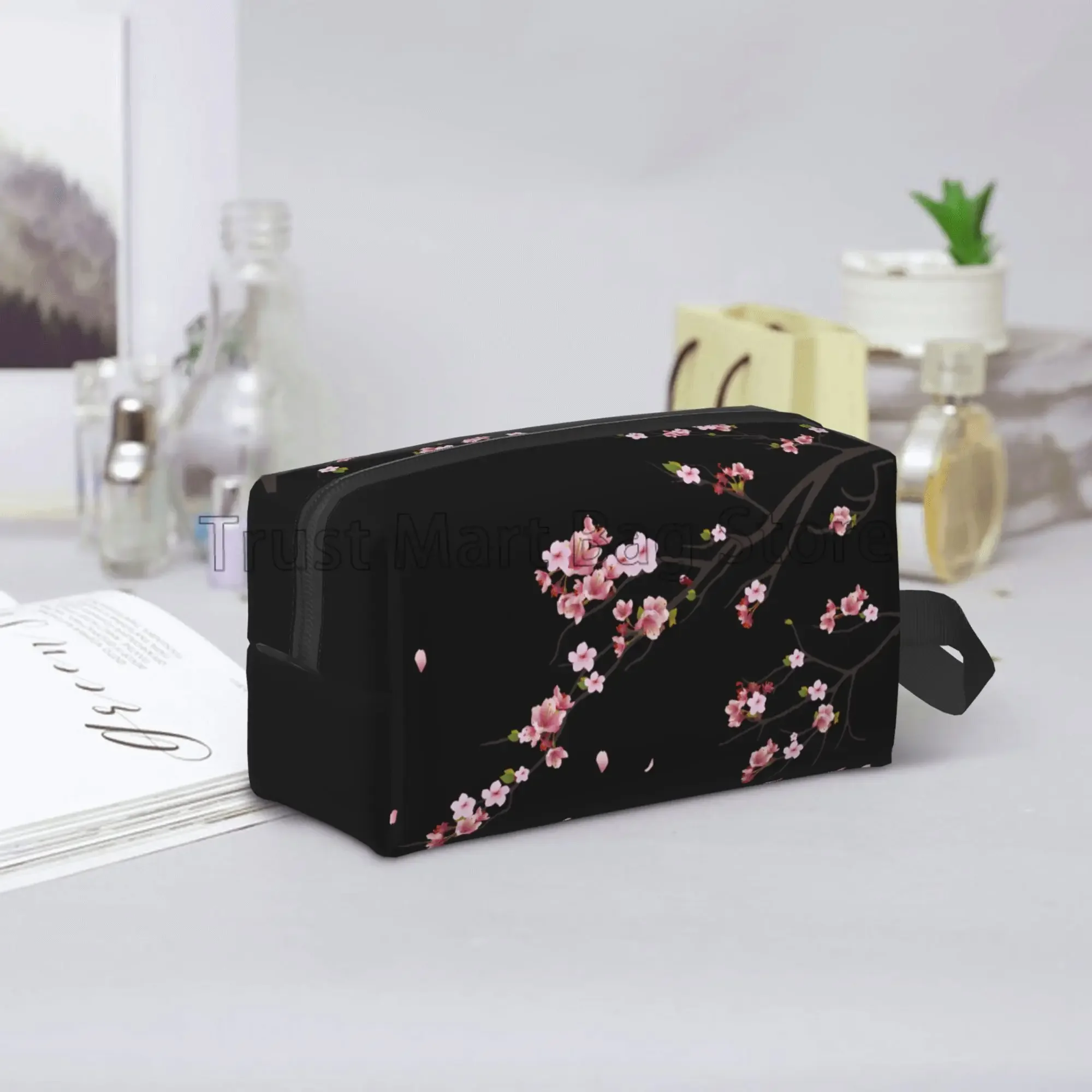 Japanese Sakura Cherry Blossoms Print Cosmetic Bags for Women Zipper Travel Toiletry Pouch Large Water Resistant Makeup Bag Gift