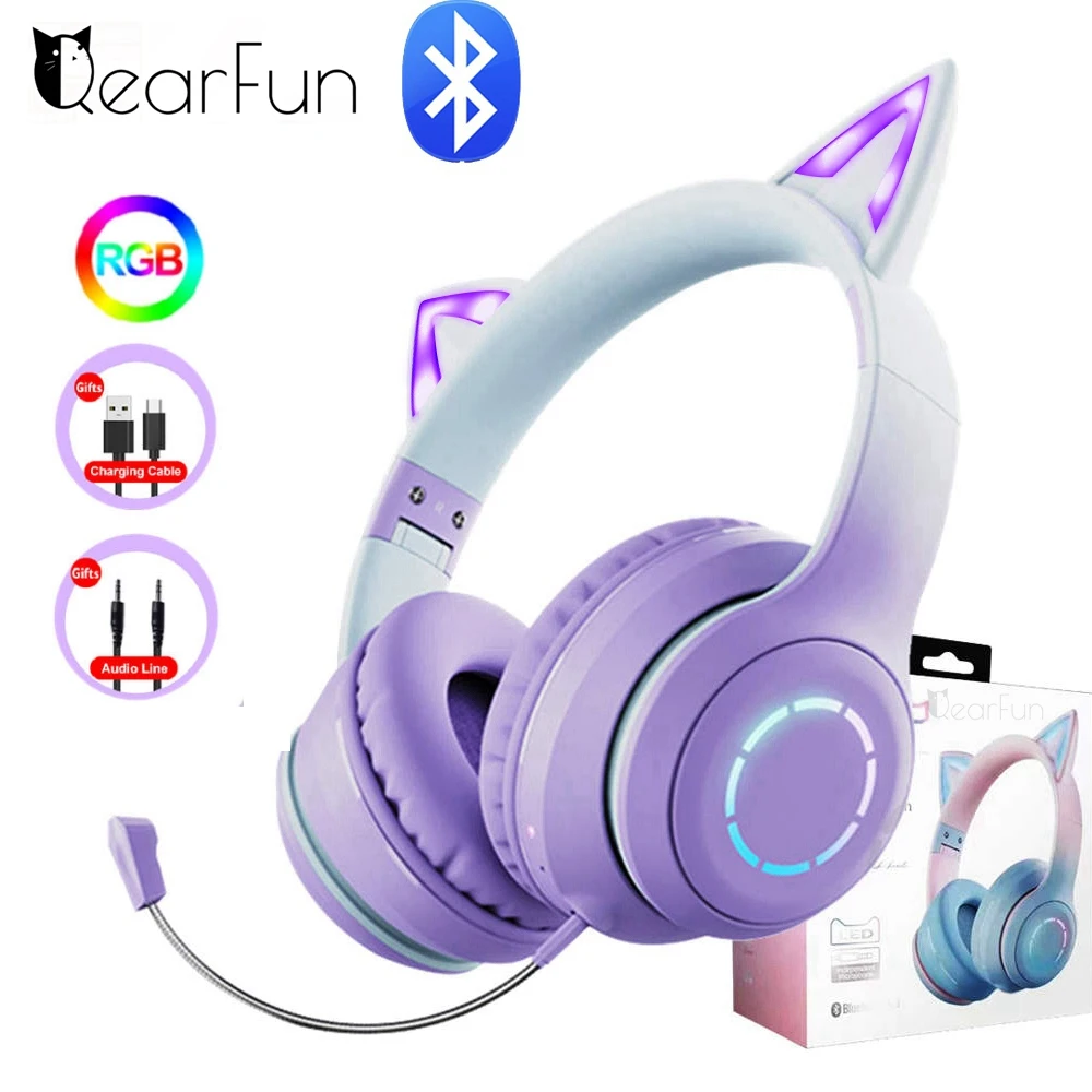 QearFun Gradient Pink Cat ear Headphones with Mic for Kawaii Girls Kids Phone MP3 HiFi Stereo Music Glowing Wireless Earphones