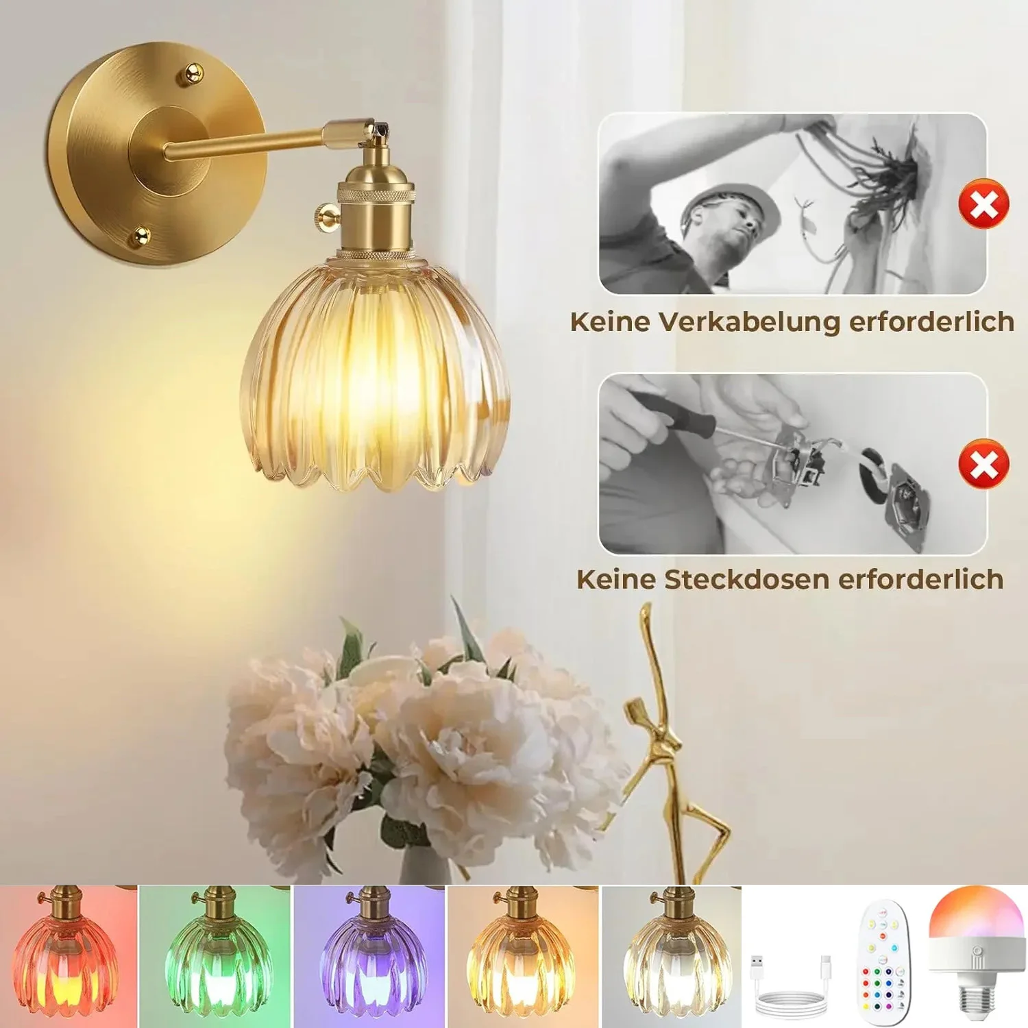 Retro Glass Wall Lamp LED RGB Rechargeable Bulb Wireless Remote Control Tulip Lampshade Bedroom Bedside Study Corridor Lighting