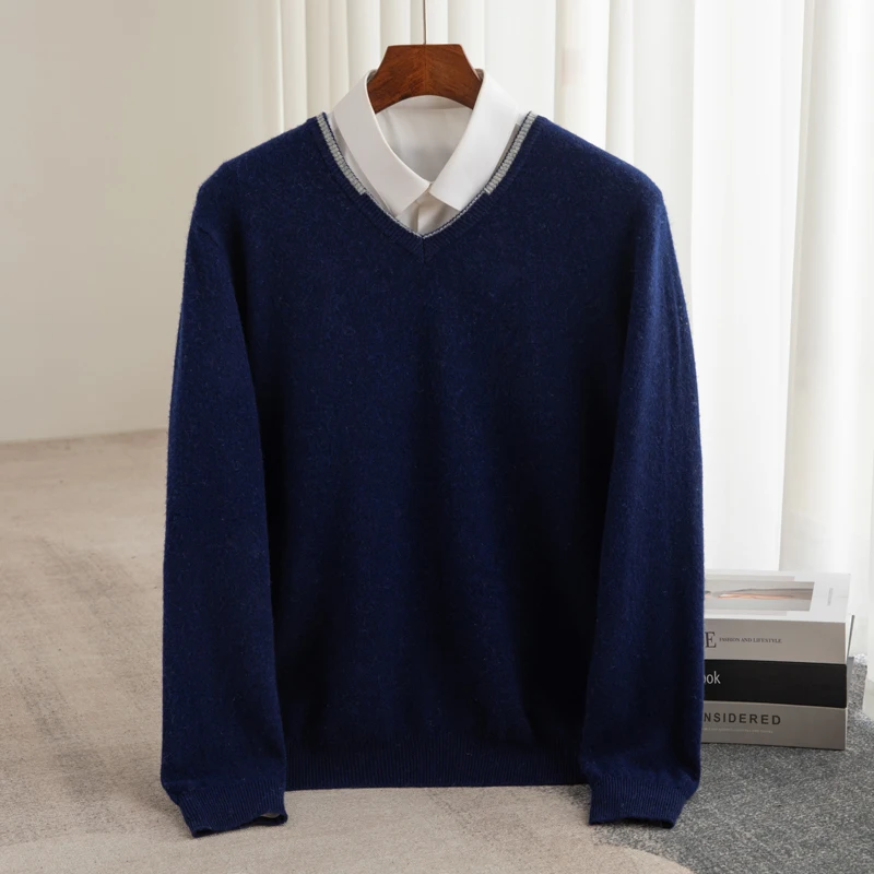 Autumn And Winter 100% Pure Wool Men's Casual Fashion V-neck Pullover Twisted Design Knitted Sweater