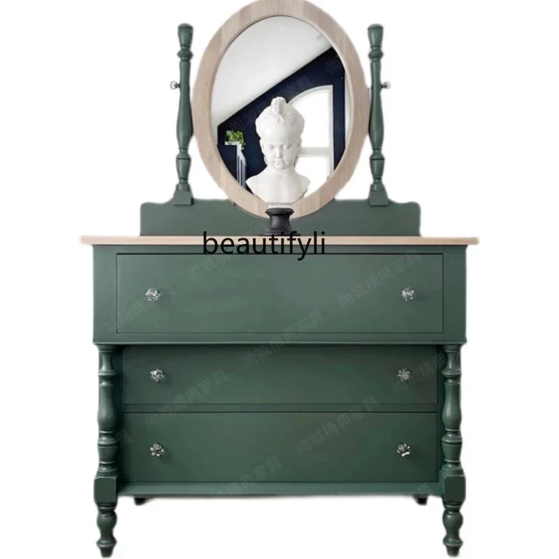 

HFrench retro green solid wood chest light luxury dresser bedroom simple with mirror makeup table