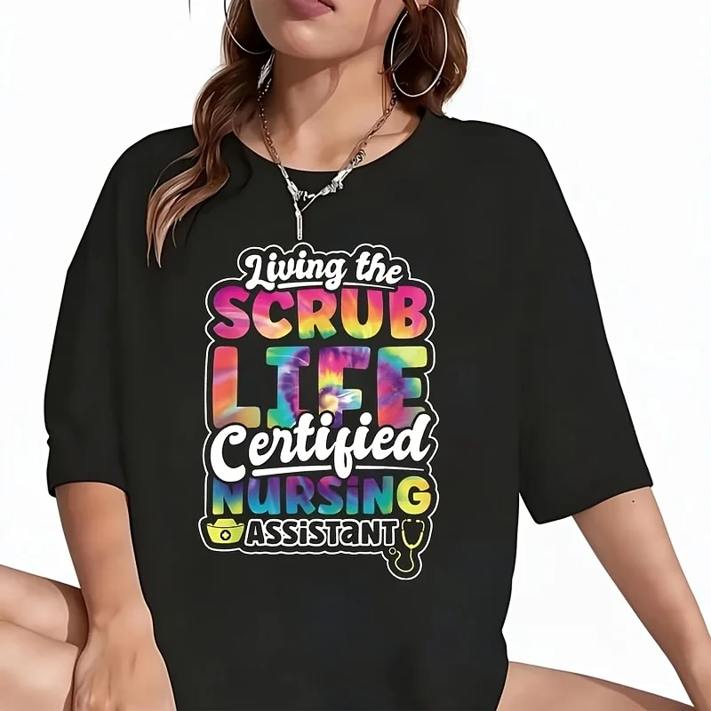 Living The Scrub Life Cna Nursing Assistant Tie Dye Women's T-Shirt Funny Graphic Short Sleeve Tee Novelty Shirt Casual Crew Neck Top 100% Cotton S-5XL