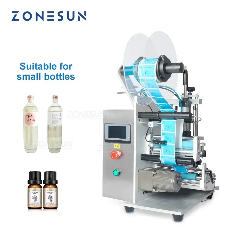 ZONESUN Semi Automatic Vial Small Round Bottle Double Sides Labeling Machine Label Applicator Dispenser ZS-TB100S1