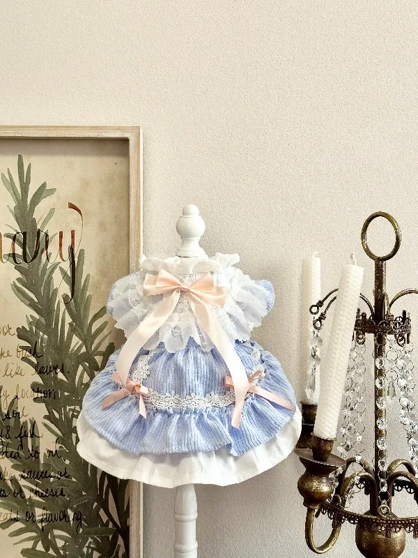 Winter Pet Dress Blue Corduroy Fleece Lined Lolita Outfit with Lace Bow Warm Sweet Style Dress for Small Pets Puppy Clothes