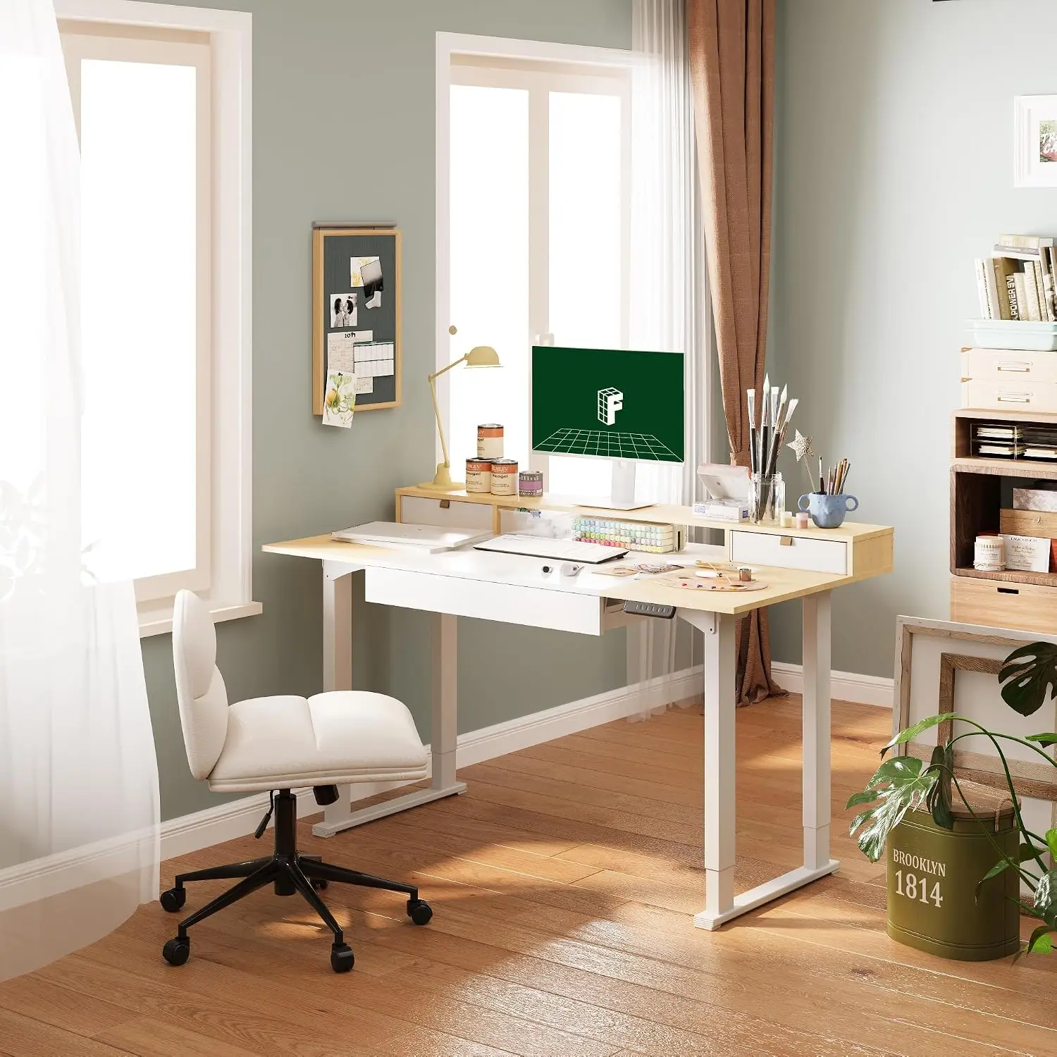 4-Leg Electric Standing Desk with Storage Shelf, 63x32 Inch Adjustable Height Workstation for Home Office, White, Customized