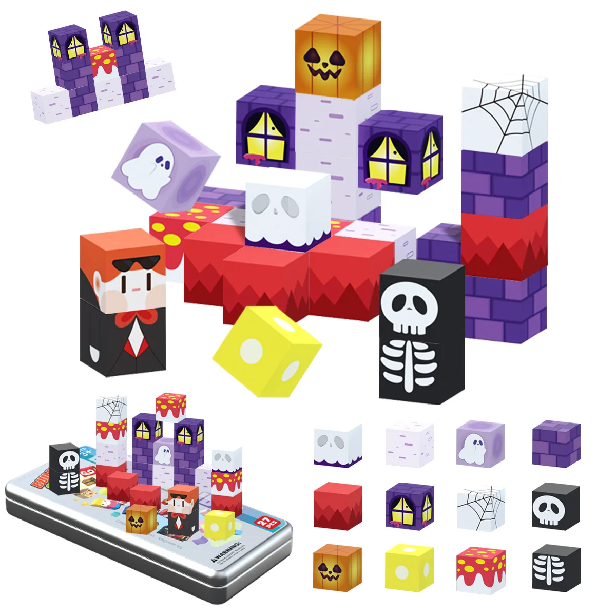 27 SZT. Magnetyczne klocki konstrukcyjne o tematyce Halloween w metalowej pudełko, puzzle 3D, prezenty na Halloween i Boże Narodzenie
