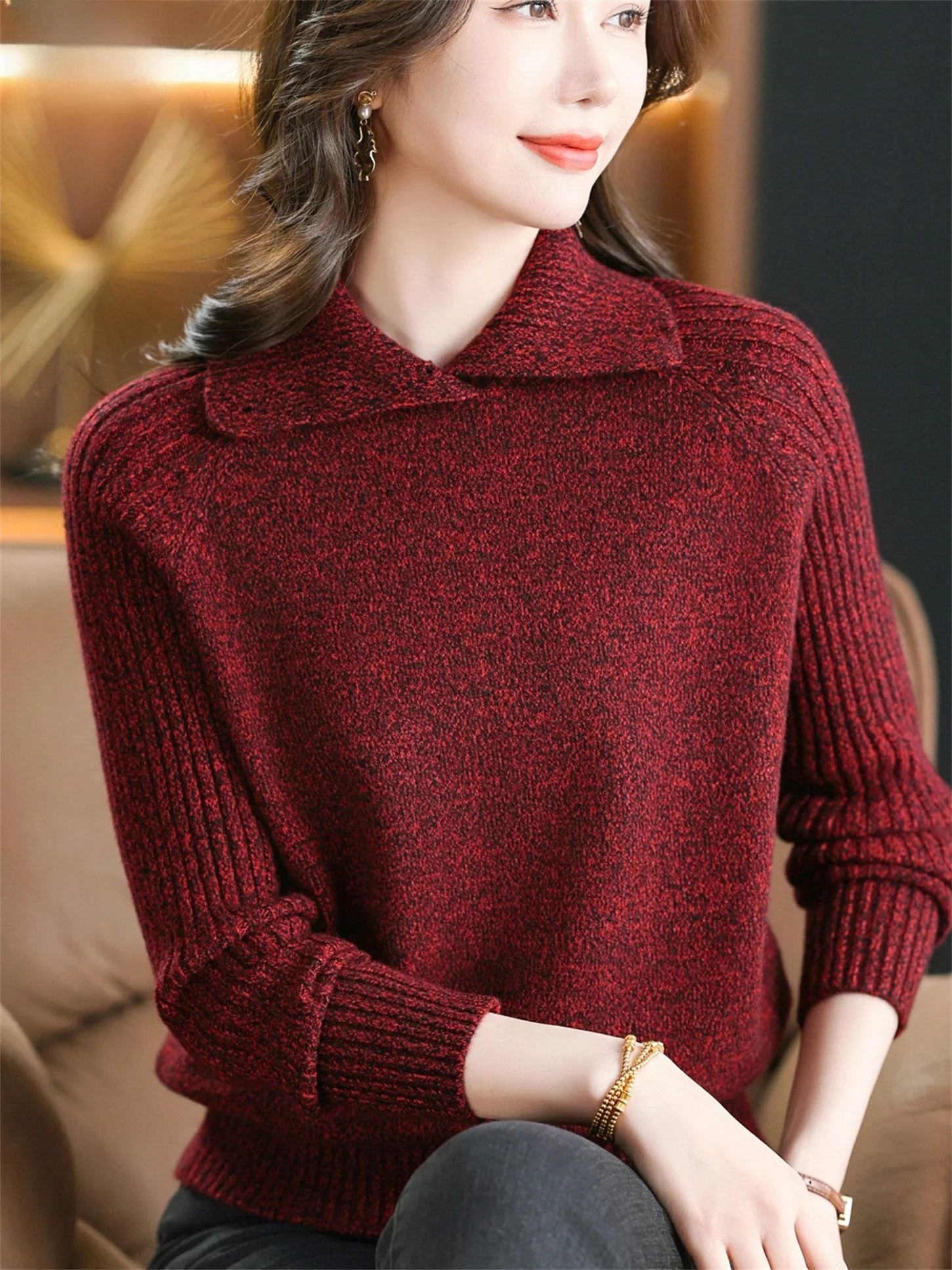 

Свитер свободного кроя из смесовой шерсти с отложным воротником, модный осенне-зимний топ для женщин среднего и старшего возраста