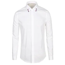 Men's new long sleeved black and white plus size shirt with pointed collar and three color embroidery shirt