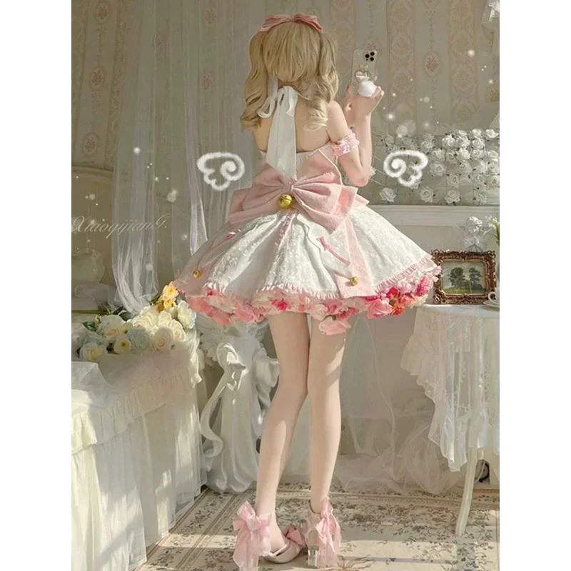 2024 Summer Kawaii Maid Cosplay Costumes Women's Clothing Sweet Pink Halter Neck Strap Jacquard Bow Lolita Dresses Plus Size