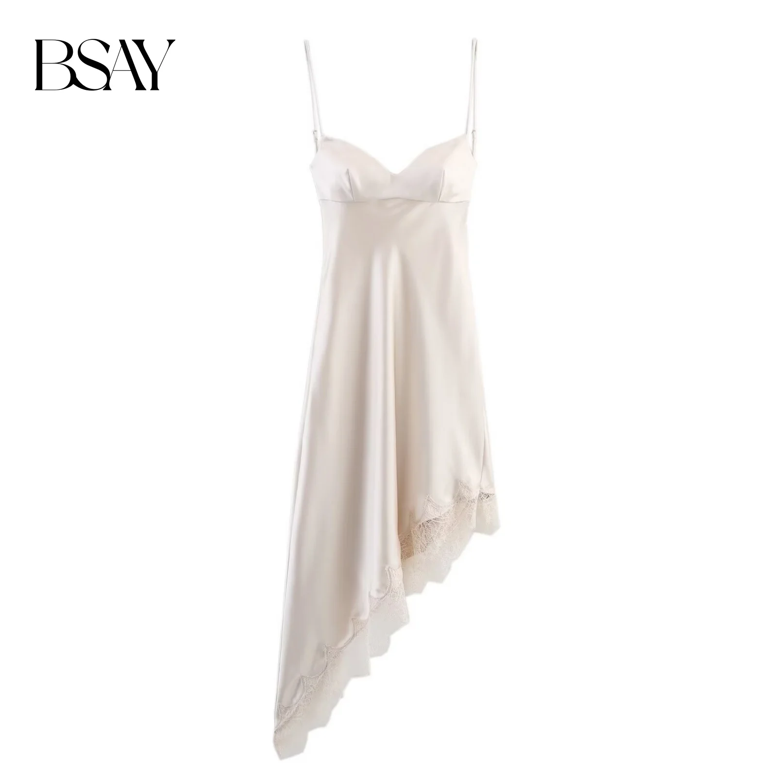 BSAY Herbst Neues Produkt 2025, Damenmode, sexy, hohe Taille, Bareback-Spitze, asymmetrisches Trägerkleid im französischen Stil