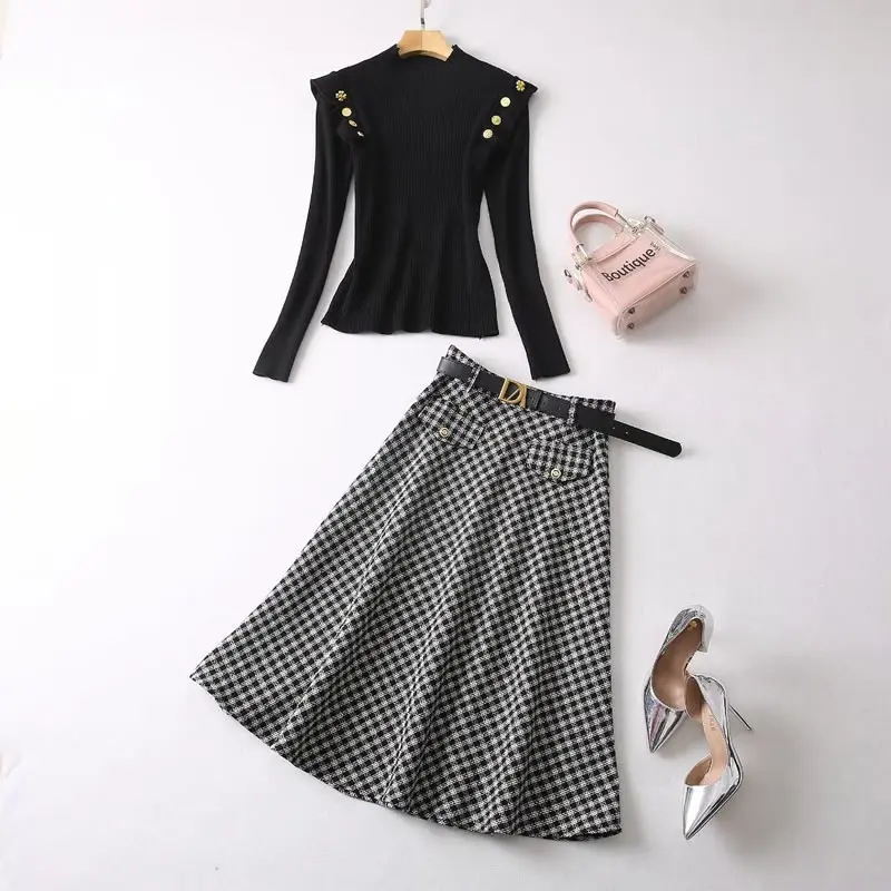 Black Knitted Cotton Top and Plaid Skirt Set, Kate Princess, Black