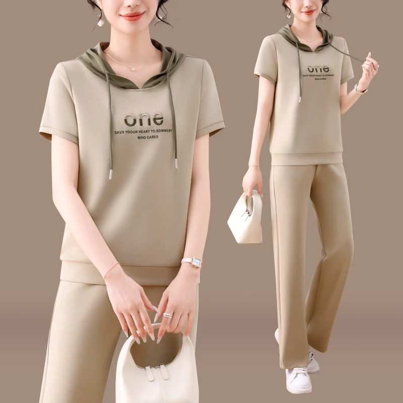 

Faionable Ladies' Sportswear Set Casual Summer 2025 New Hat ort Sve Long Pants Running Two-Piece Set Sli T-irt