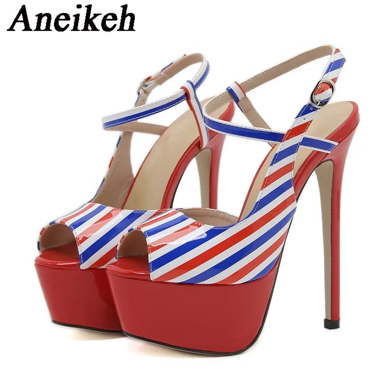 Aneikeh Fashion Color Striped Stiletto Heel Platform Women\'s Sandals Buckle Strap Nightclub Party Shoes Zapatillas De Mujer
