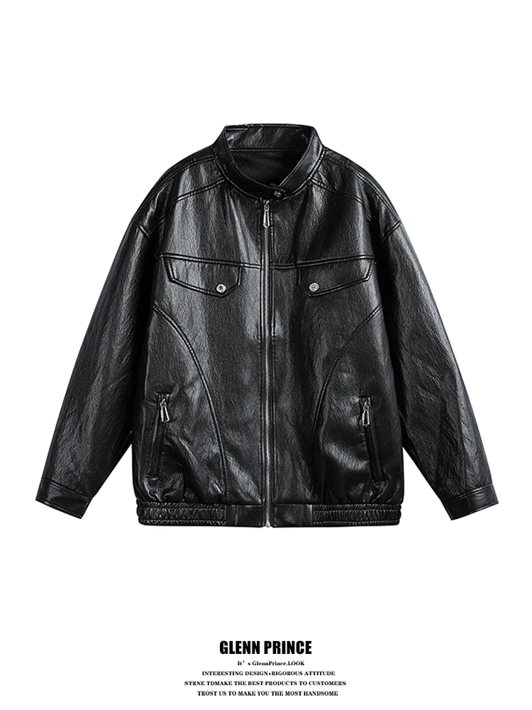 

Trendy Retro Lychee Pattern Biker Soft Leather Jaet Men High-End Feeling Cool Pilot Jaet Casual Loose Fit Spring PU Leather