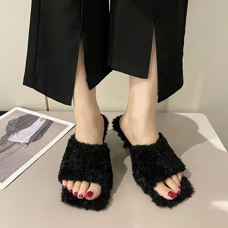 Designer Elegant Heeled Women's Slippers High Quality Faux Fur Ladies Shoes Homemade Fluffy Soft Comfortable Outdoor Slipper