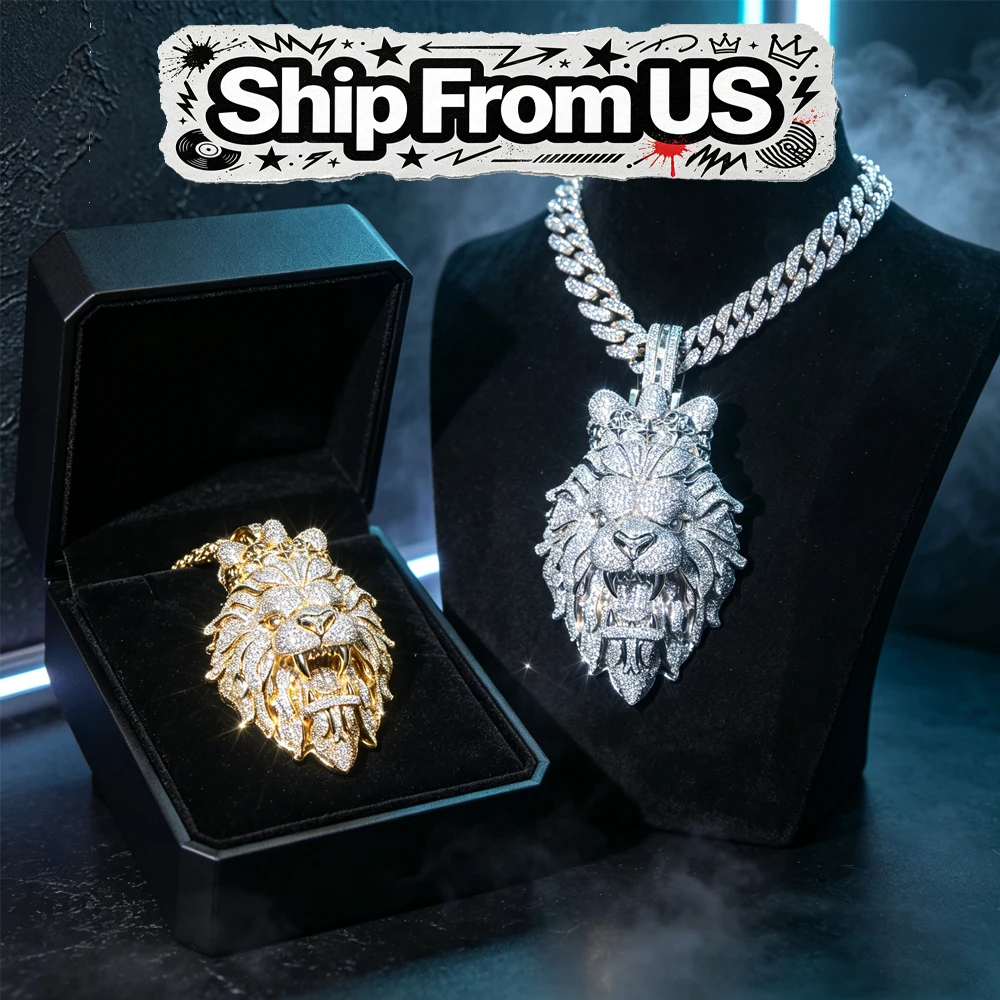 3D Lion Head Pendant With Crown Full Diamond Luxury Charm Fine Jewelry Gifts for Men Boy Friends Iced Out Roaring Lion Medallion Mens Street Rap Cuban Chain Necklace Accessories Bling Micro Pave Cubic Zirconia 18K Gold Plated Hip Hop Jewelry