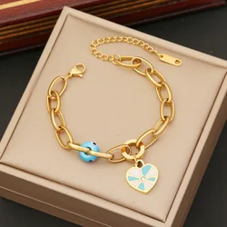 316L Stainless Steel New Fashion Fine Jewelry Embed Zircon Shell Bead Eye Love Heart Shape Charm Thick Chain Bracelet For Women