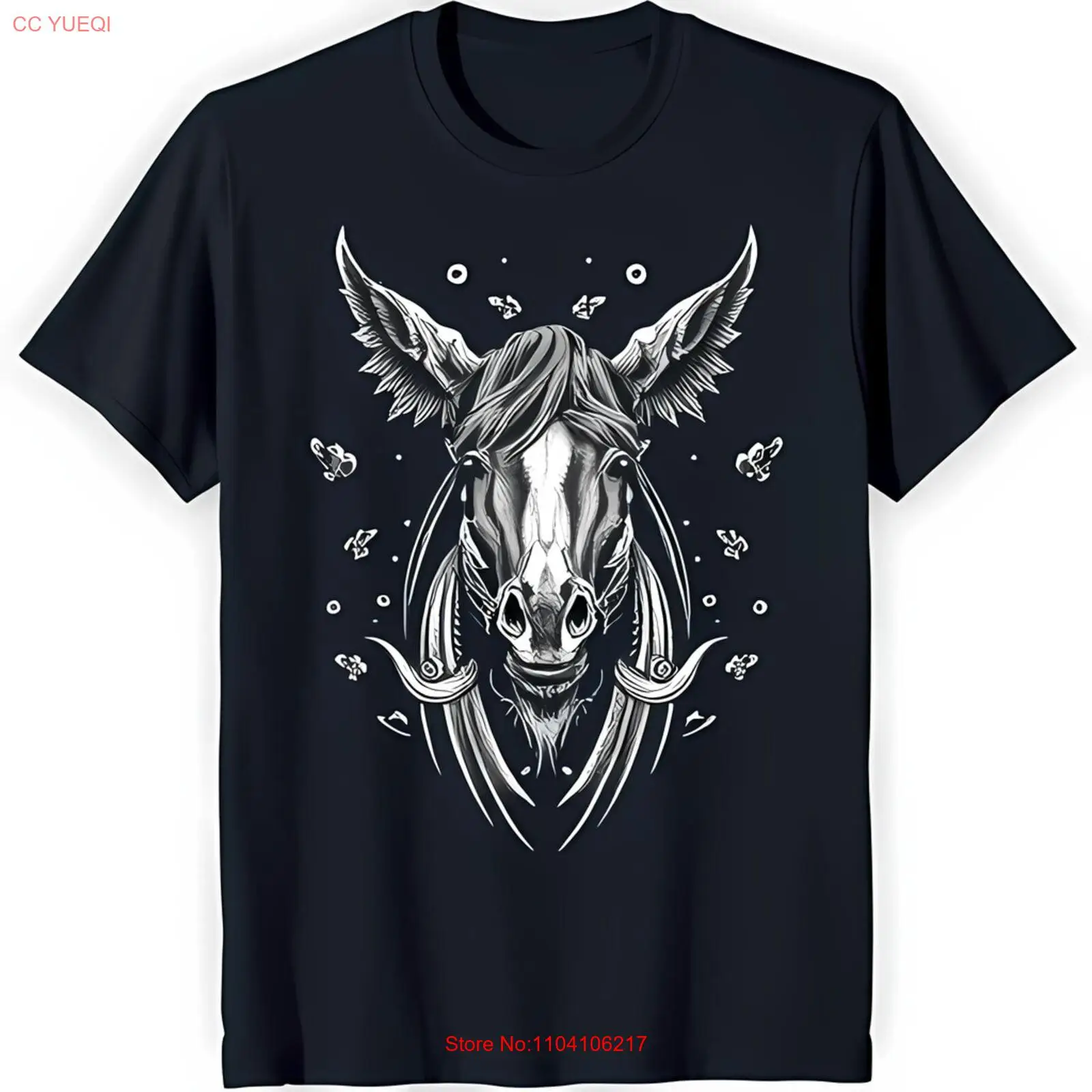 Majestic Winged Horse Head Black T-Shirt with Mystical White Design