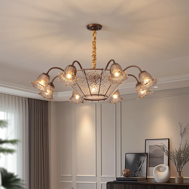 LED American Vintage Pendant Lights Wrought Chandeliers Flower Shape Glass Hanging Lamps Bedroom