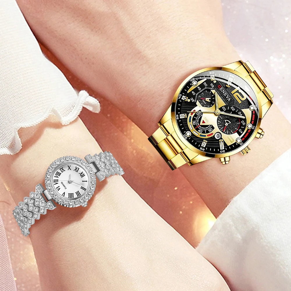 4 PCS/Couple Watch Set Silver Gold Fashion Alloy Strap Simulated Quartz Watch Strap Heart Bracelet