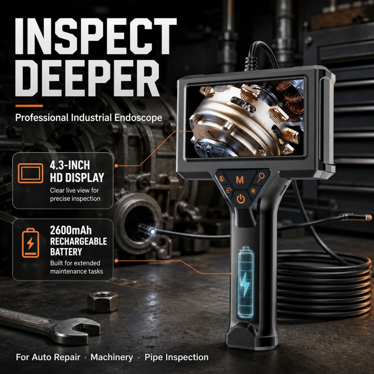 4.3 Inch Industrial Endoscope Camera 1080P Full HD Borescope Inspection Snake Camera With Adjustable LEDs For Auto Engine Pipe