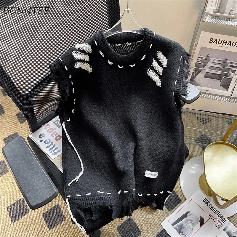

American High Street Frayed Fashion Vibe Sleeveless Knitting Loose Sweater Vests for Men Knitwear Teen Vintage Streetwear Chic