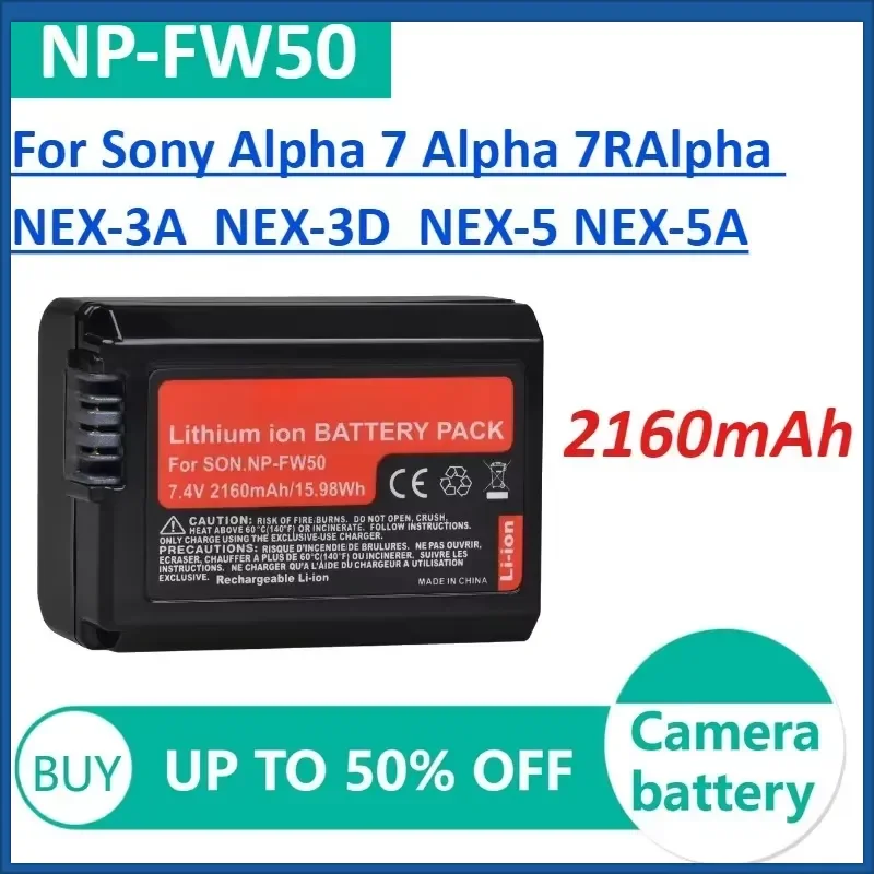 2Pcs 2160mAh NP-FW50 Camera Batteries for Sony Alpha 7 Alpha A3000 NEX-3 NEX-3A NEX-3D Rechargeable Battery