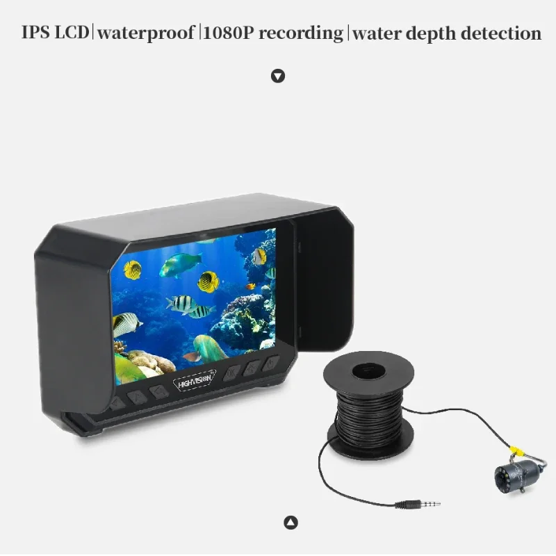 Câmera de pesca subaquática tela de 5 polegadas Full HD 1080P com sensor de profundidade e temperatura IP66 à prova d'água bateria integrada de 8000mAh
