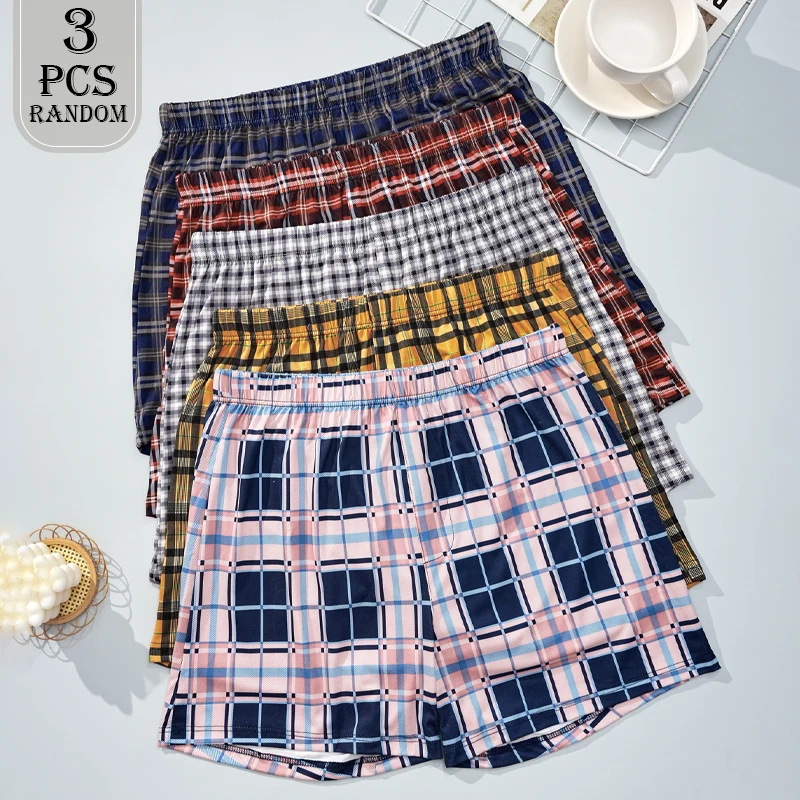 

Random 3pcs Men'S Underwear Polyester Plaid Shorts Summer Soft Breathable Boxers