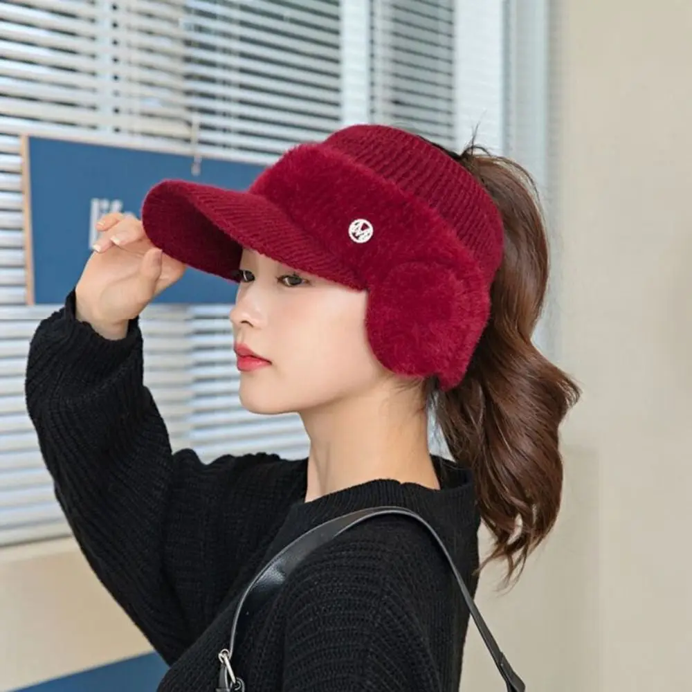 Solid Color Empty Top Baseball Cap Warm Windproof Ear Protection Cap Soft Knitted Fleece Hat Ponytail Hat for Outdoor Sports