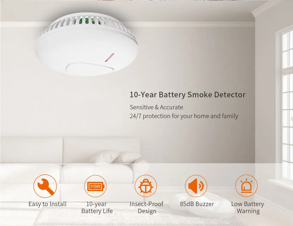 10-Year Battery Life Smoke Detector Fire Alarm Smart Home Security Protection Sensor 85db High Decibel With EN14604 Certified