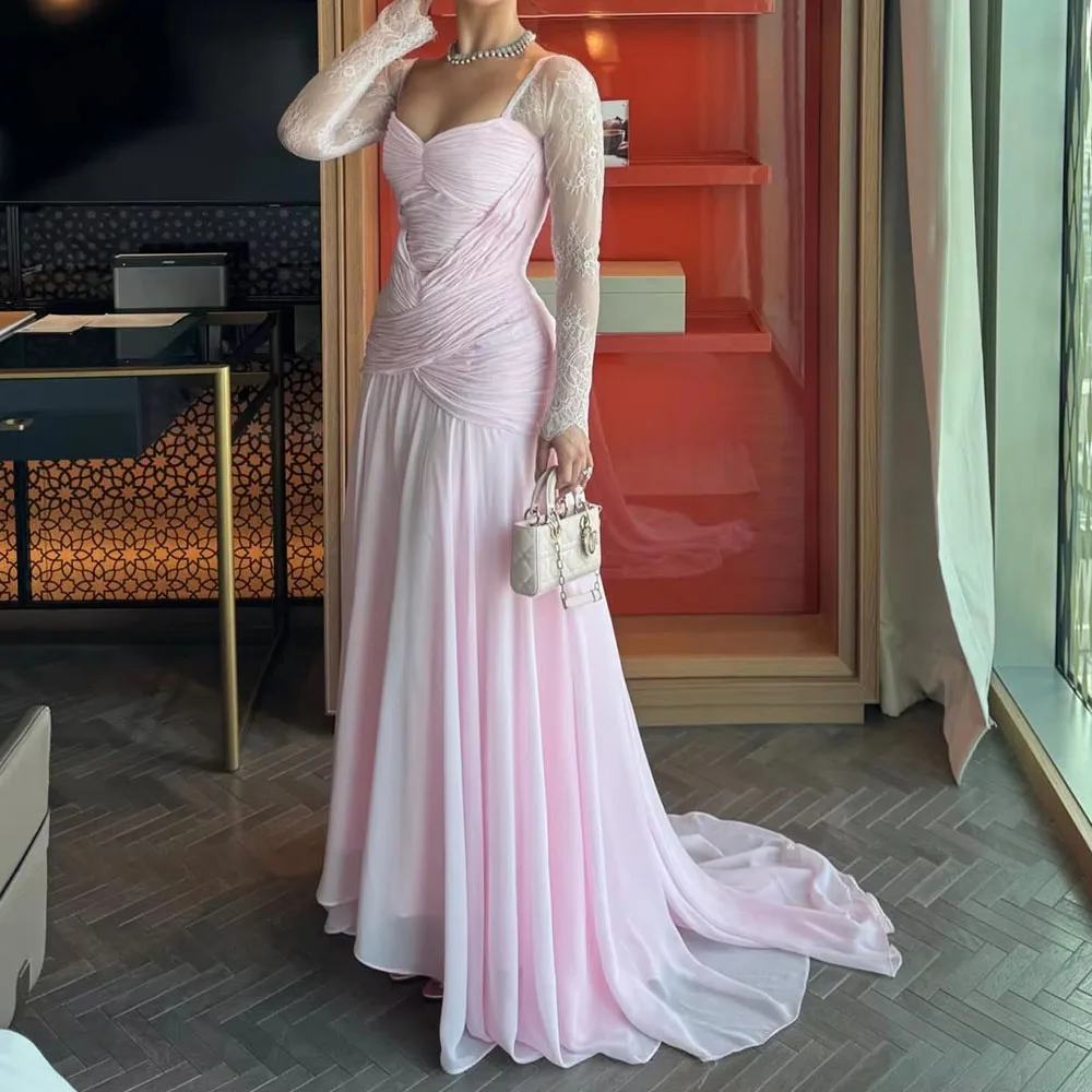 

Elegant Formal Evening Dresses Sweetheart A-line Lace Long Sleeve Chiffon With Train Pink Dresses Customized