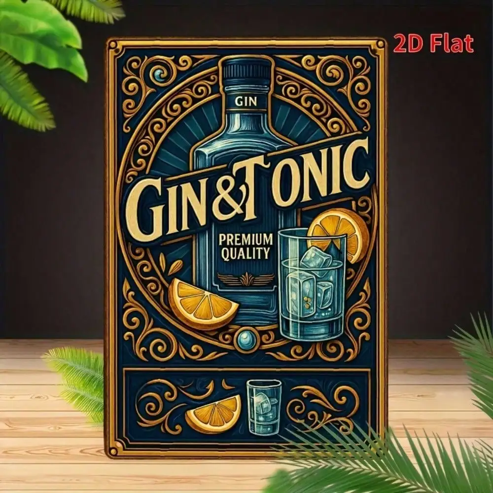 Vintage GIN TONIC Metal Wall Sign, 8x12 Inch, Retro Tin Plaque, Ornate Design, Durable Iron Flat Wall Art for Bar Pub Decor