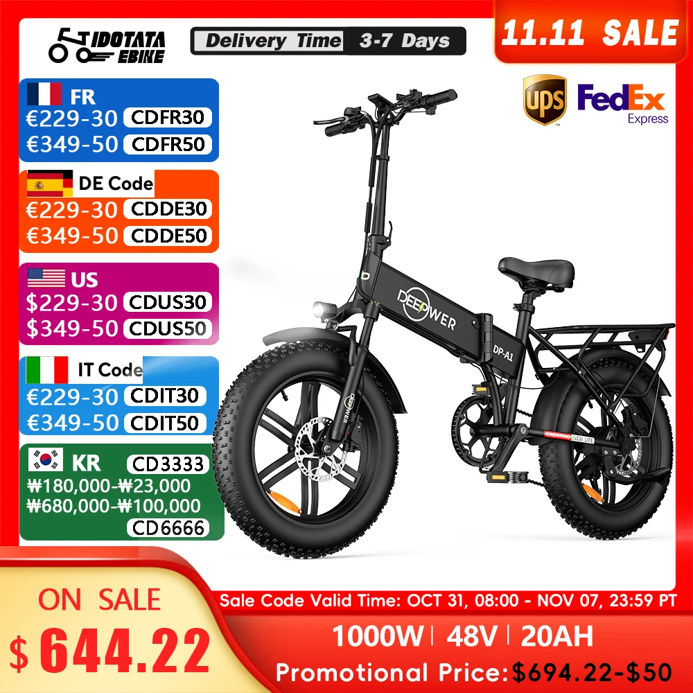 

IDOTATA EU Delivery 1000W Electric Bike 48V 20AH Folding Mountain Ebike 20Inch Fat Tire Urban Commuting Electric Bicycle 36MPH