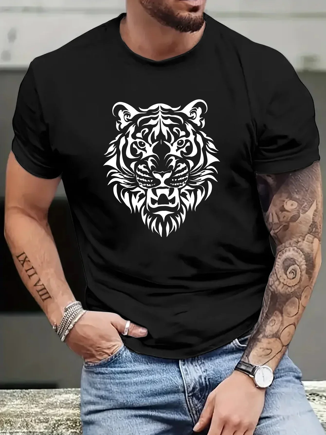 Men Summer Tiger Print T-shirt 100% Cotton Material Suitable Casual Daily Wear Fashionable and Trendy Versatile and Comfortable