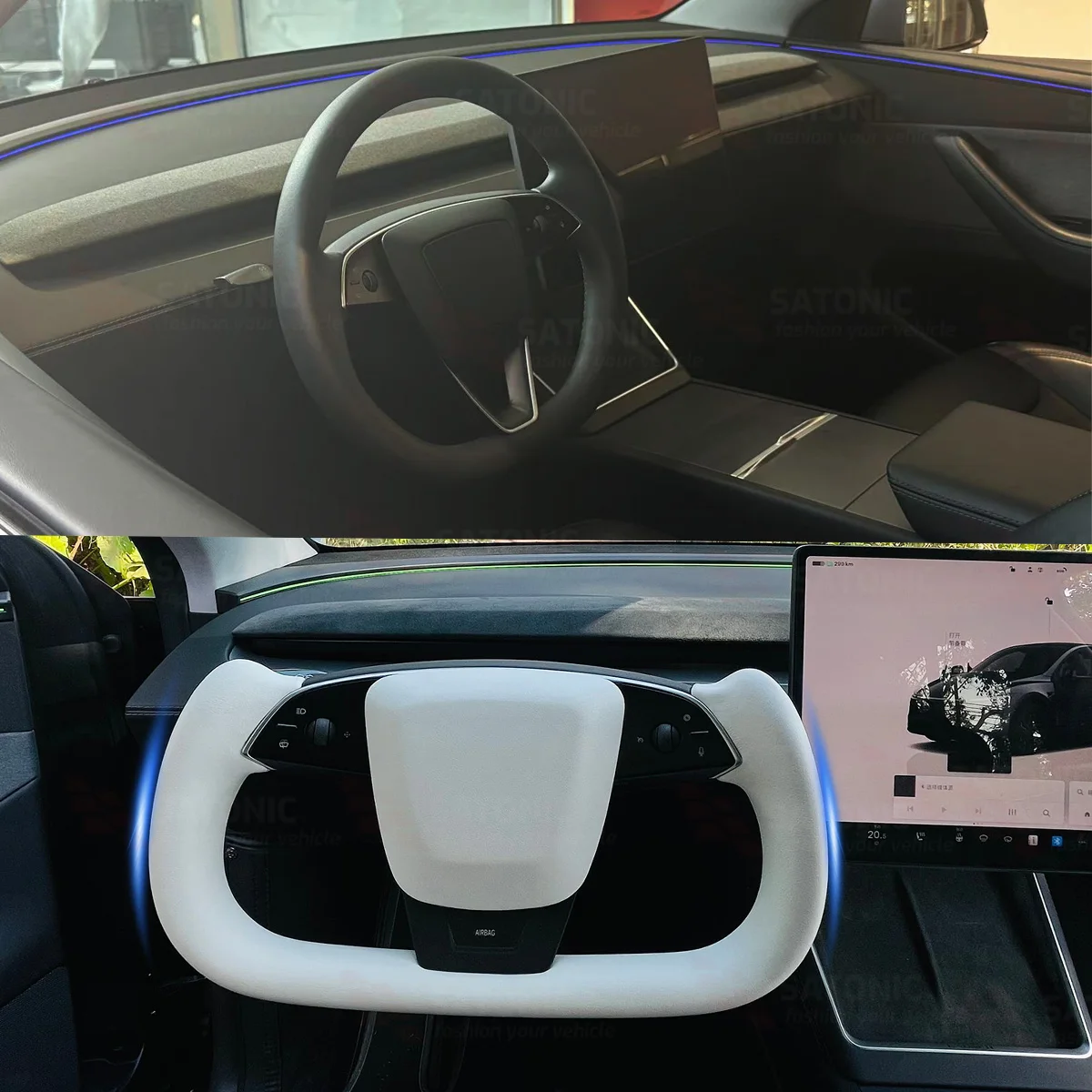 SATONIC 350mm Yoke Steering Wheel Heated Handle For Tesla 2026 Model 3 Customized Leather Color