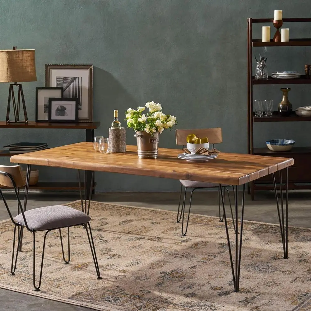 

72 Rectangular Teak-Stained Acacia Wood Dining Table with Iron Hairpin Legs - Suitable for Commercial and Outdoor Use