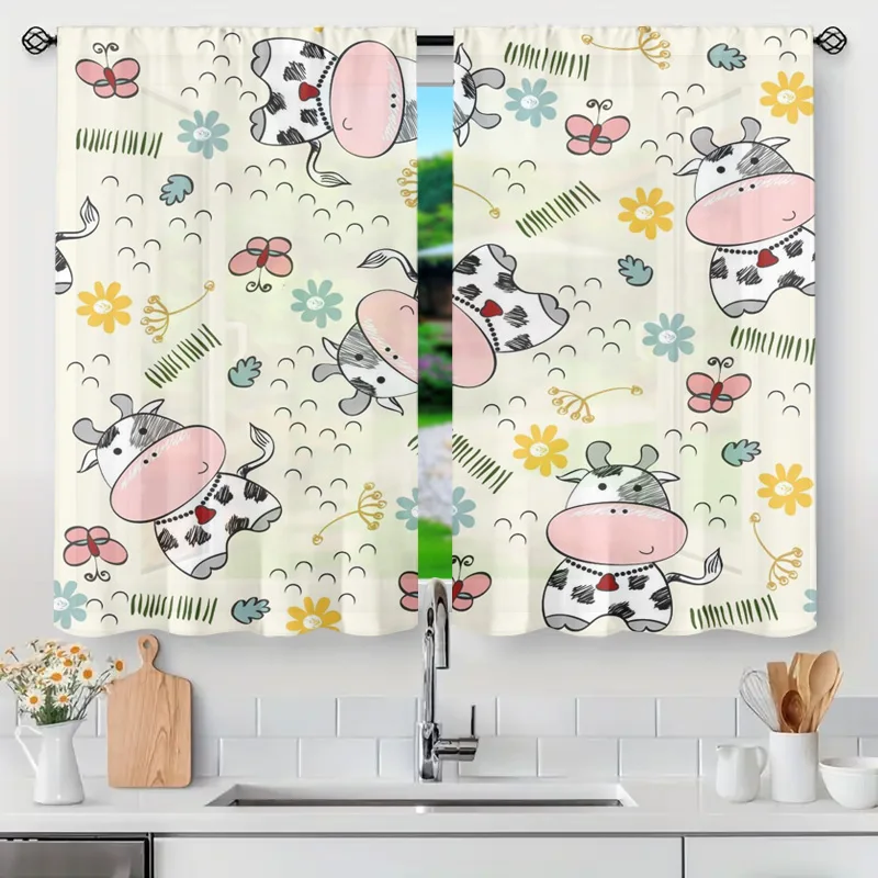 Cute Cartoon Animal Butterfly Print Semi Sheer Decorative Tension Rod Curtain for Bathroom Shower or Kitchen Window Nursery Deco
