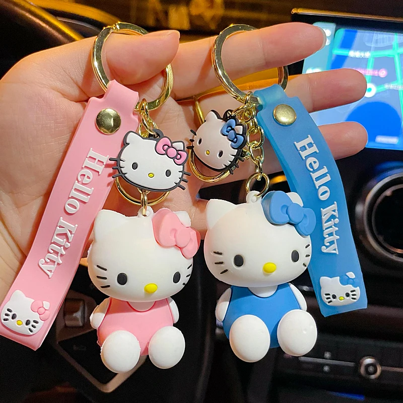 Hello Kitty Keychain Alloy Car Keyring Anime Sitting Kitty Cat Silicone Doll Ornaments Girls Bag Pendant Kids Toys Holiday Gifts