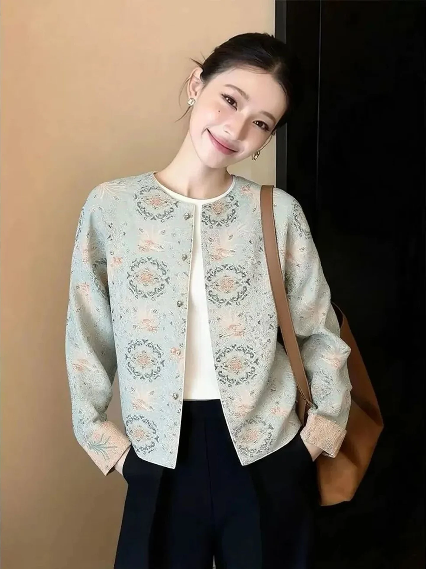 Chic Casual Open Cardigan Women's Loose Fit Fashionable Autumn New Style Anti-Wrinkle Plant Floral Patterned Versatile Top