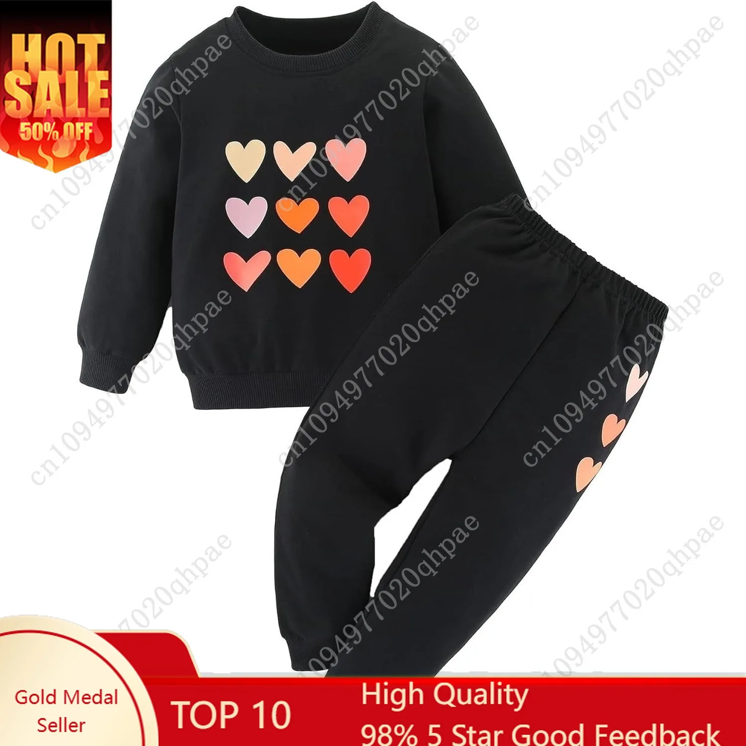 بدلة رياضية لطيفة للفتيات الصغيرات - ملابس أطفال كاجوال مطبوعة على شكل قلب، سويت شيرت طويل وسراويل رياضية لخريف وشتاء
