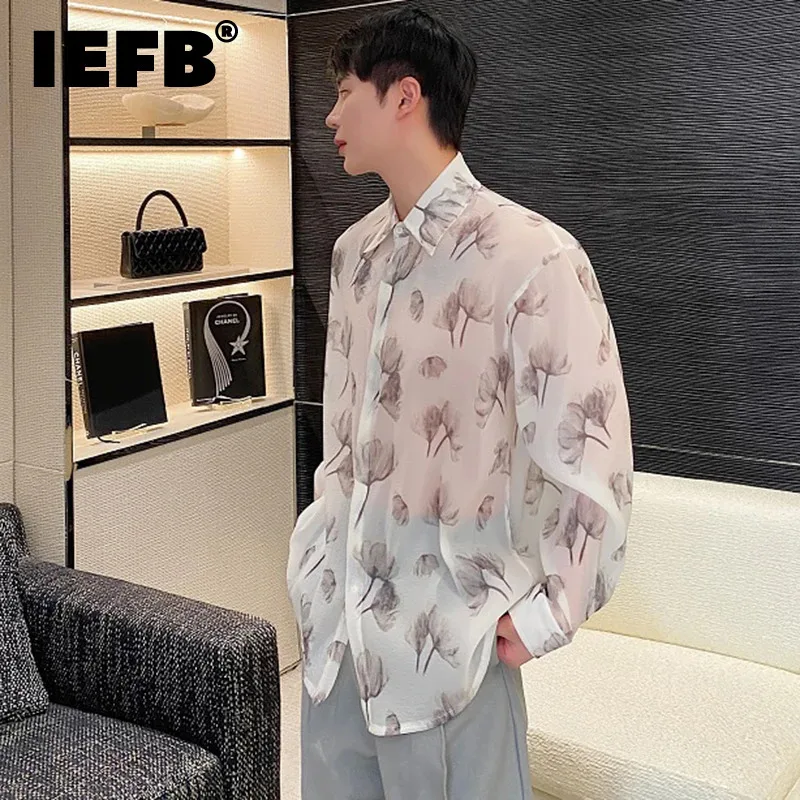 

IEFB Male Shirts Casual Lapel Contrast Color Ink Painting Signle Breasted Men Tops Long Sleeve Shirt New Chinese Style 9C4981