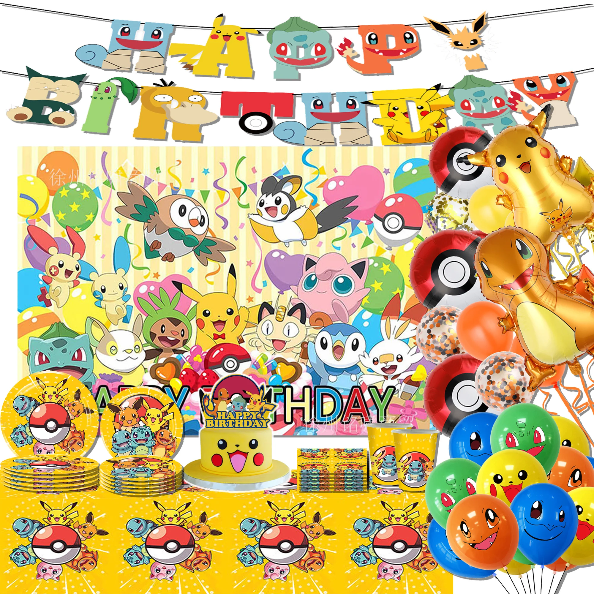 suprimentos-para-festa-de-aniversario-pokemon-topper-de-bolo-descartavel-bandeira-suspensa-baloes-pikachu-para-decoracoes-de-aniversario