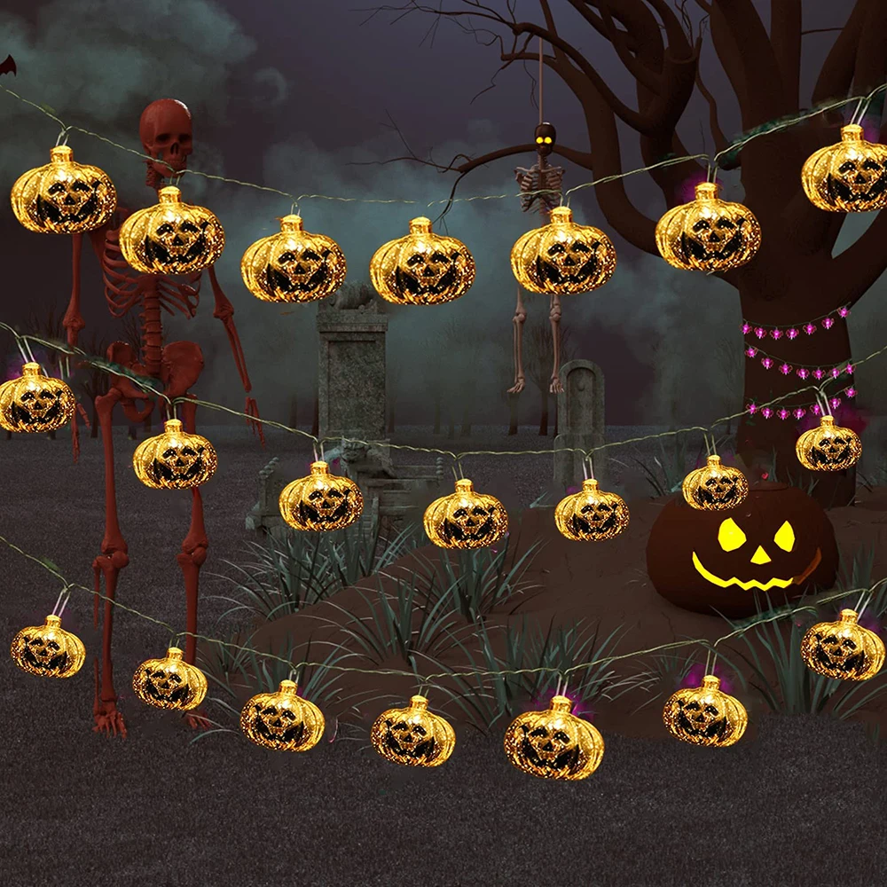 Halloween Golden Pumpkin Lantern String Lights Battery Powered Ghost Skeletons Pumpkin Light For Festival Bar Garden Party Decor