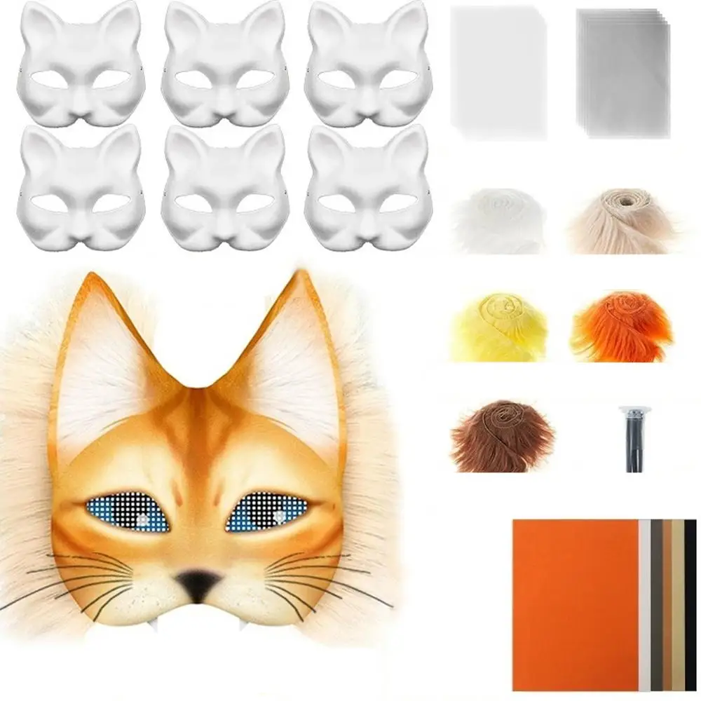 Gloryit Pack De 5 Máscaras De Gato Blancas Para Pintar – Máscaras De Zorro De Papel Para DIY, Con Lápices De Colores, Ideales Para Carnaval, Halloween Y Manualidades