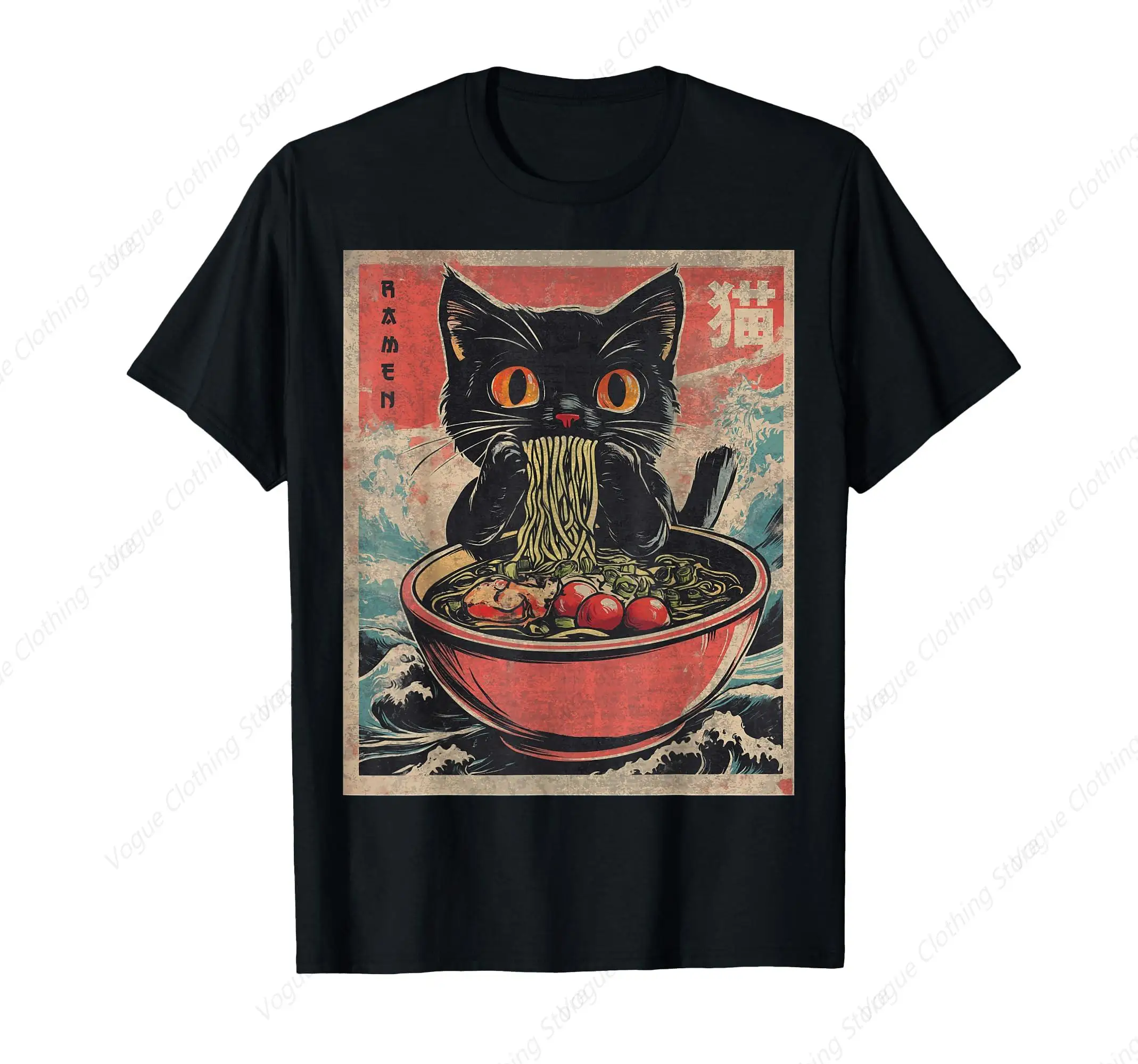 Cat Ramen Japanese Funny Graphic Tees Kawaii Cat Anime Gifts T-Shirt Vintage Retro Leisure Men Women Tee Daily Soft Unisex